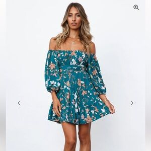 Hello Molly Teal Floral Off-Shoulder Mini Dress